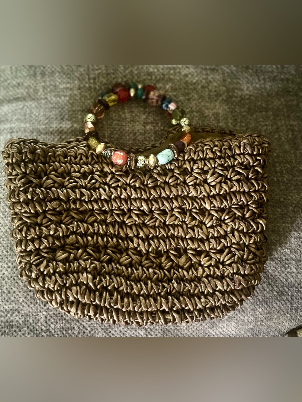 CAPELLI vintage Handwoven Brown Straw Tote with Colorful Beaded Handles
